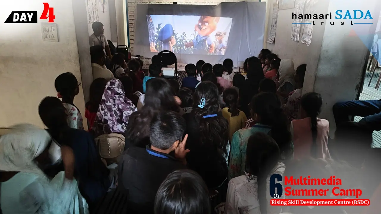 On the fourth day of the six-day Creative Fun Activities Summer Camp, organized by Hamaari Sada Trust at the Rising Skill Development Centre (RSDC), students delved into the fascinating world of child psychology through an engaging session conducted by Mohammad Saad, a student of Jamia Millia Islamia and ZAC Member, SIO Delhi. Adding to the day’s excitement, the thought-provoking film “Zootopia” was screened for the children, sparking meaningful conversations and reflections among the young minds.