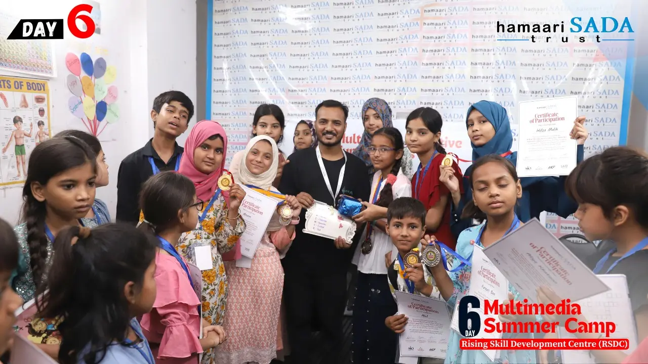 The final day of the six-day Creative Fun Activities Summer Camp at the Rising Skill Development Centre (RSDC), organized by Hamaari Sada Trust, began with a vibrant prize distribution ceremony, where winners from all six creative categories were honoured with 1st, 2nd, and 3rd prizes. A total of 71 students had participated in the camp, and several were also recognized with special awards for outstanding performance.