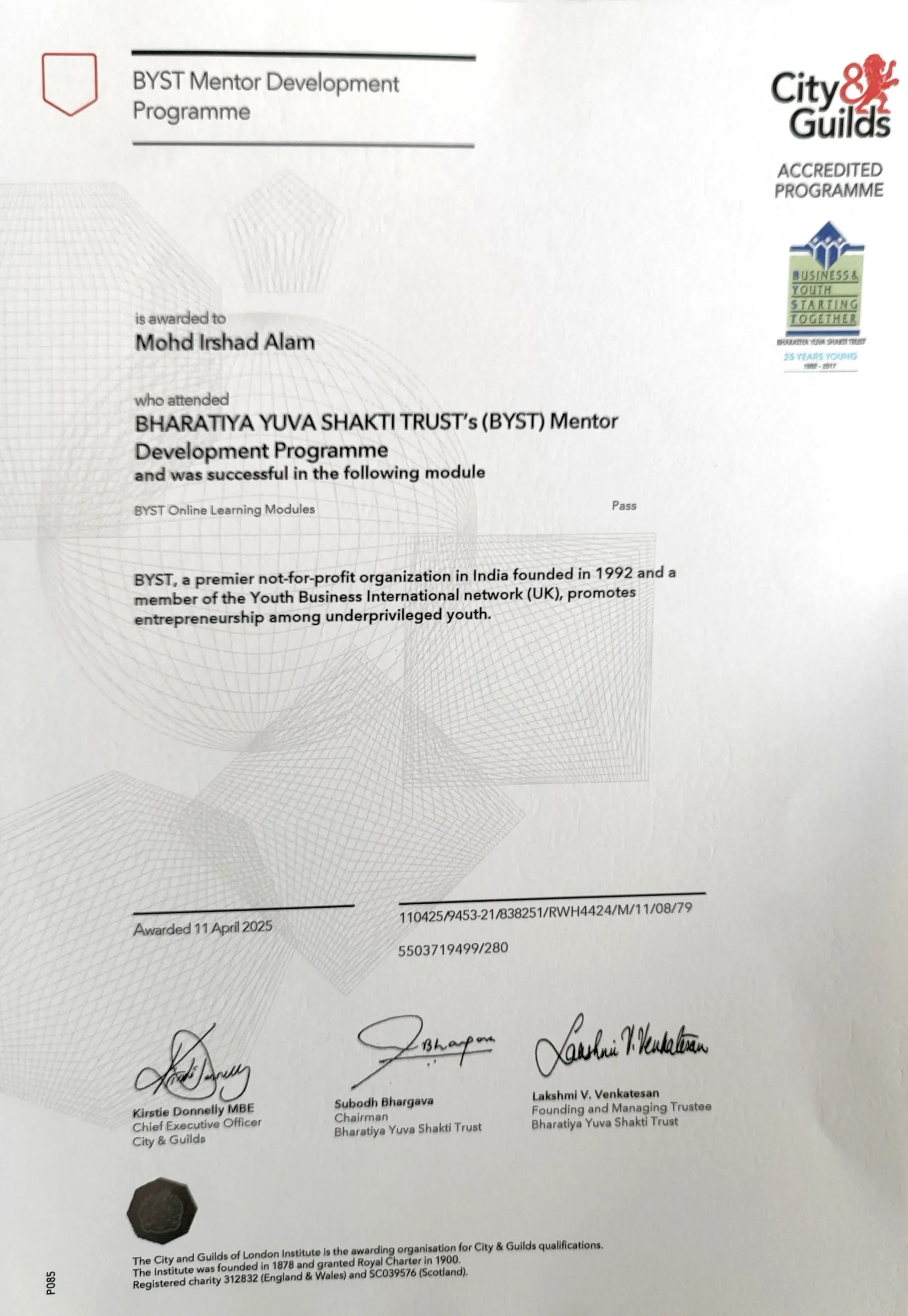 Mohd. Irshad Alam Founder Hamaari Sada Trust at JRD TATA Awards 2025 BYST-Certificate